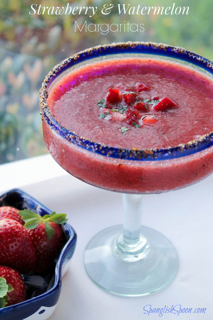 Strawberry Watermelon Margarita garnished with diced straberries.