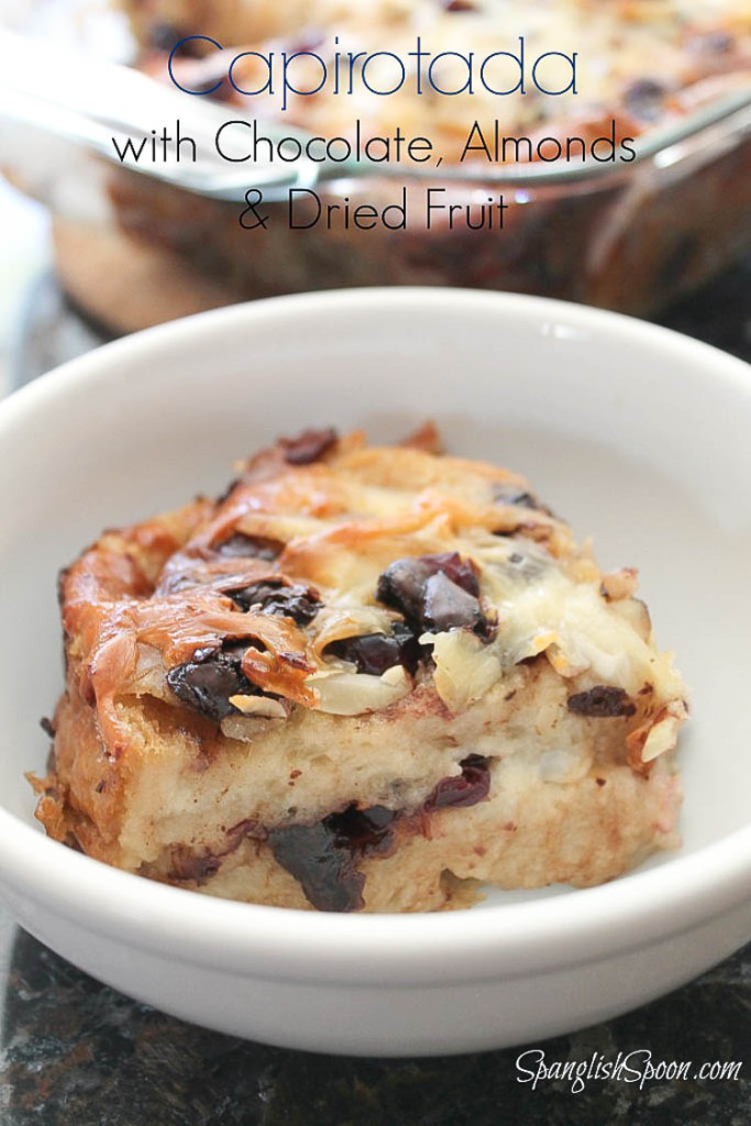 Capirotada with chocolate and dried fruit