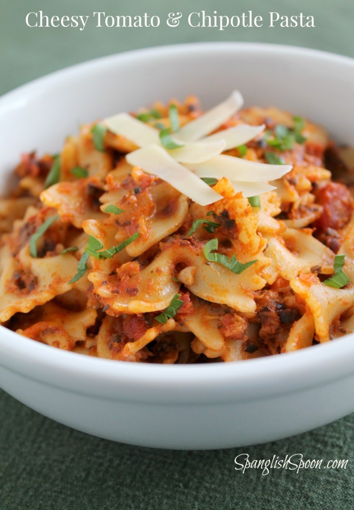 Bowtie pasta with a cheesy tomato sauce and a hint of chioptle chile