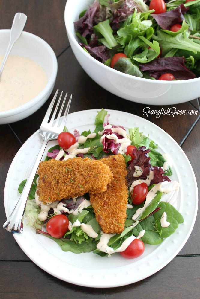 Crispy Battered Fish Fillet Salad with Creamy Chipotle Dressing 