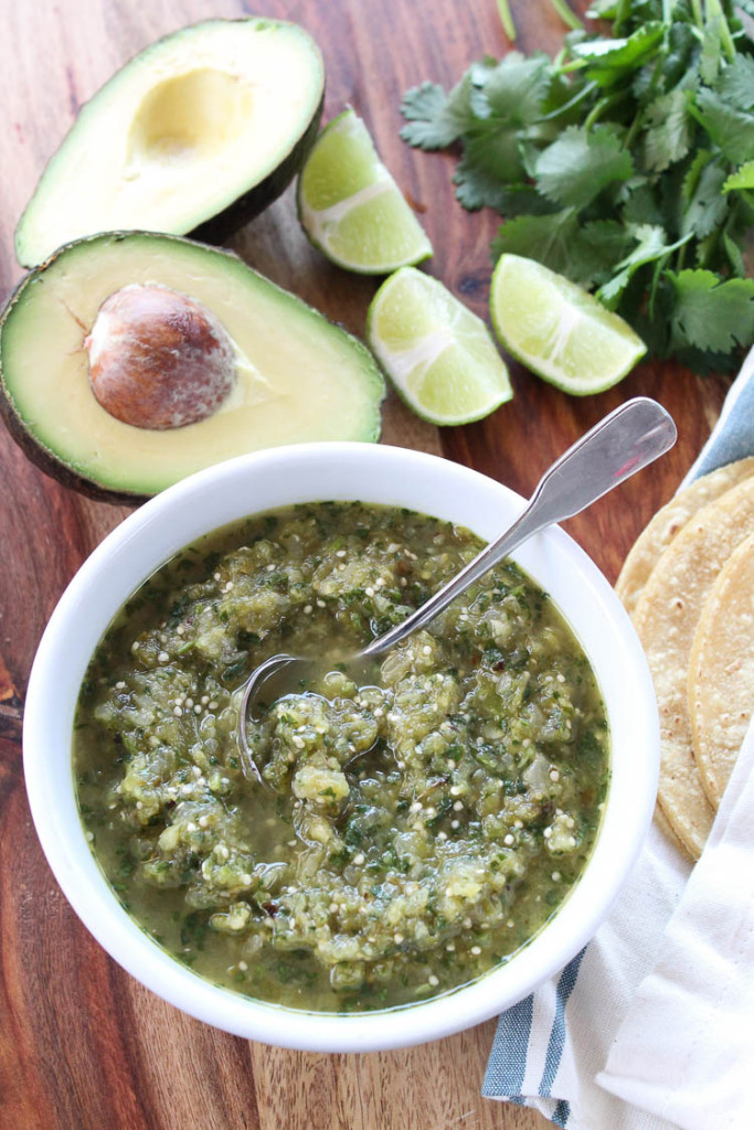 Chunky salsa verde and avocado tacos