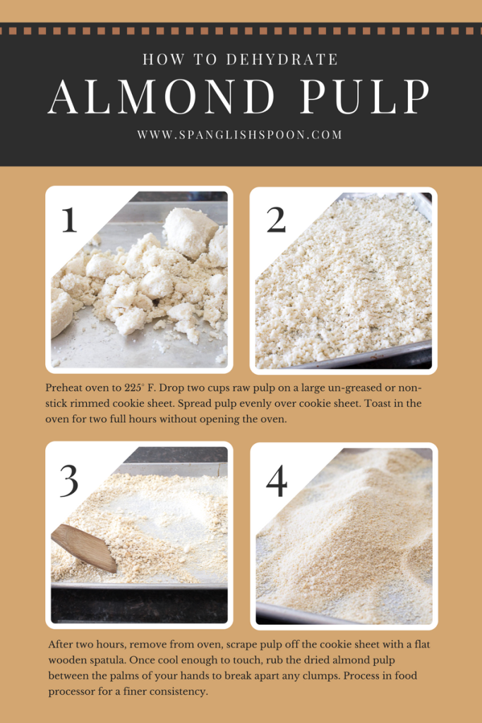 How to dehydrate raw almond pulp in the oven, plus learn creative ways to use almond pulp.