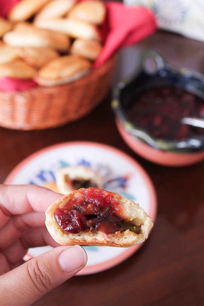 A great way to use up those Thanksgiving leftovers is to make empanadas. These empanadas are filled with ham and vegetables that have been seasoned with salsa negra and soy sauce. They go great with leftover cranberry sauce, too!