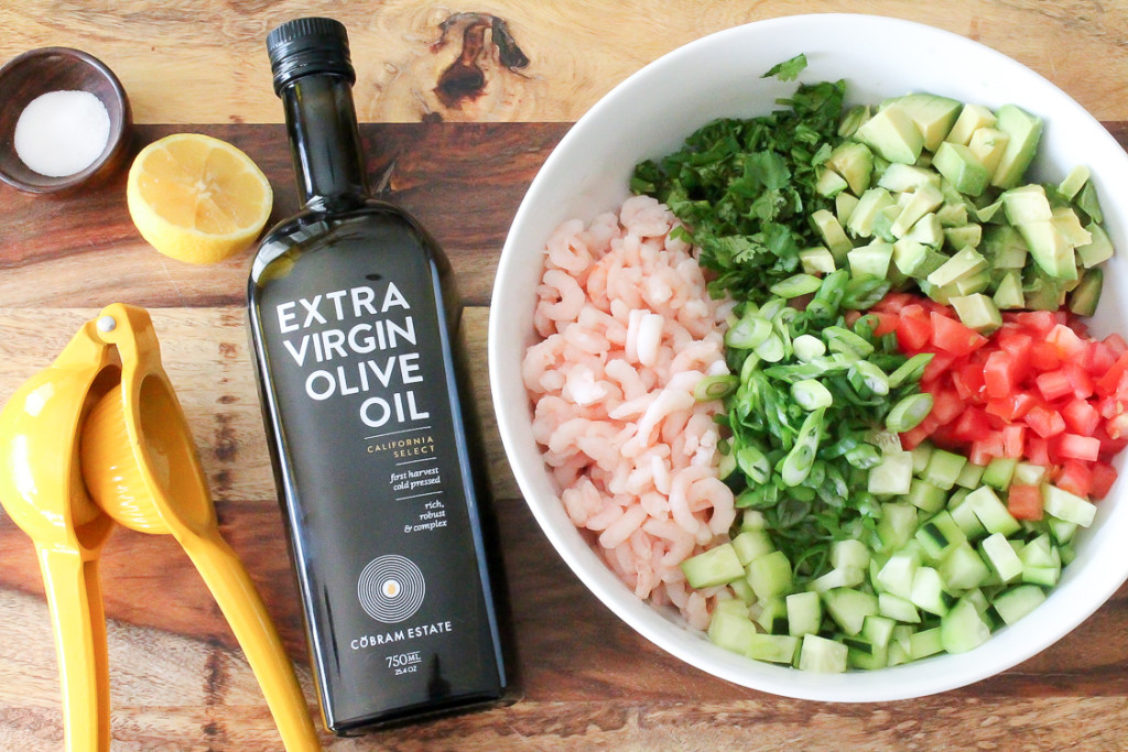 Salad sized shrimp with diced cucumber, tomato, cilantro, and avocado 