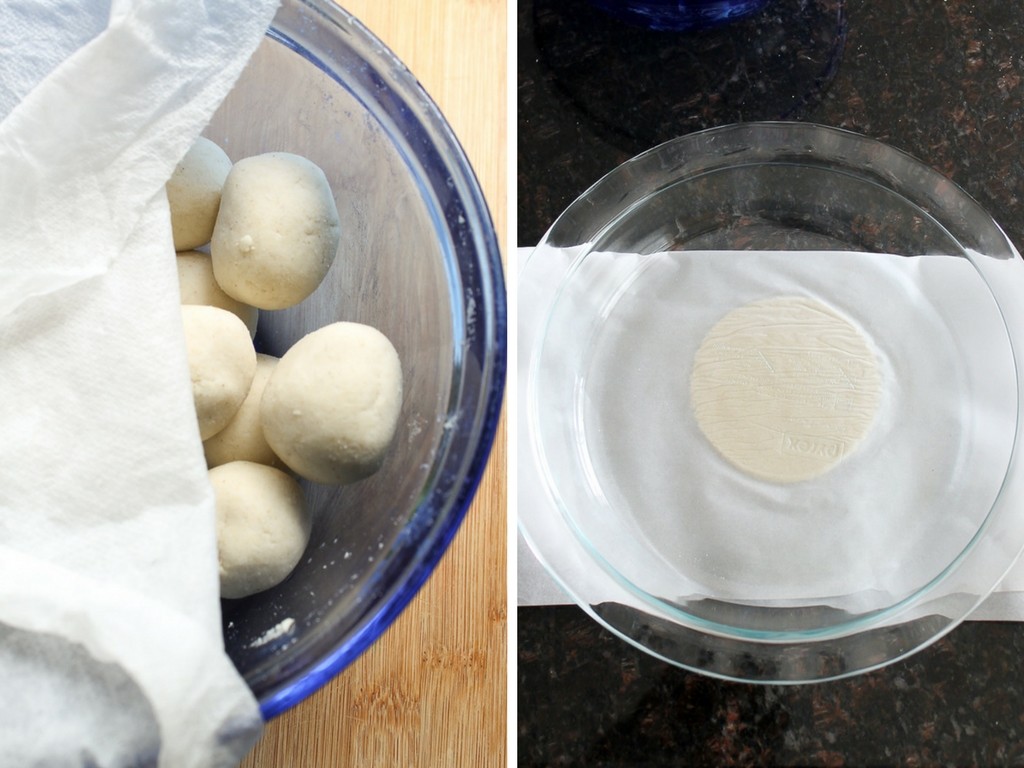 Masa for sopes rolled into balls then flattened between two sheets of parchment paper using a large pie dish. 