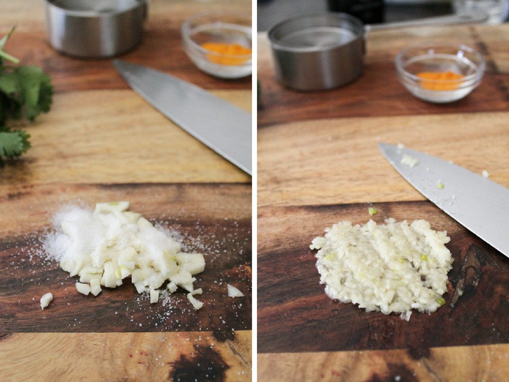 Dairy Free Low Fat Cilantro Dressing via SpanglishSpoon.com Minced garlic with sea salt then smashed into a paste.