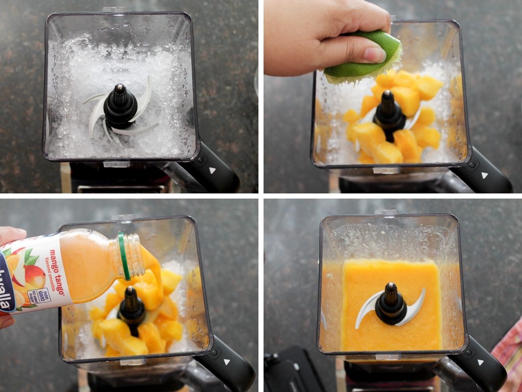 Step by step photos of how to make a mangonada with a blender.