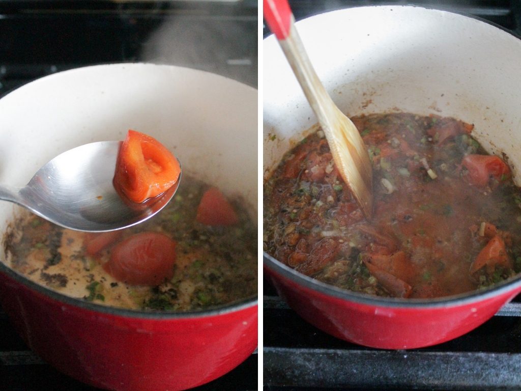 Tomato being added and stirred into a pot.