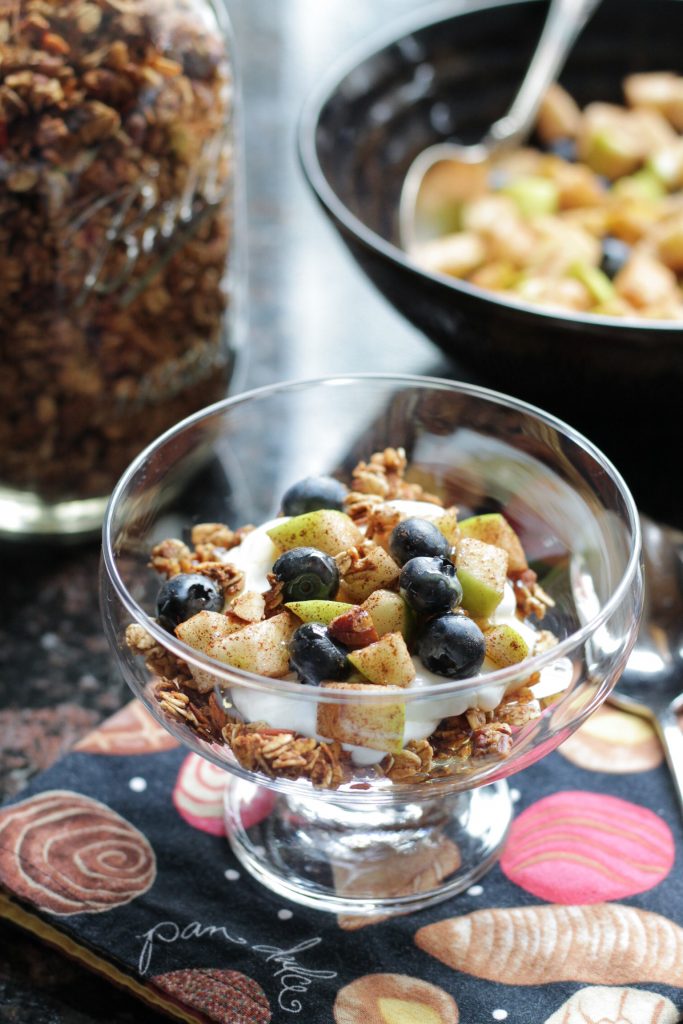Homemade granola tossed with cinnamon sugar coated granny smith apples pieces and blueberries served with plain Greek yogurt in a glass cup.